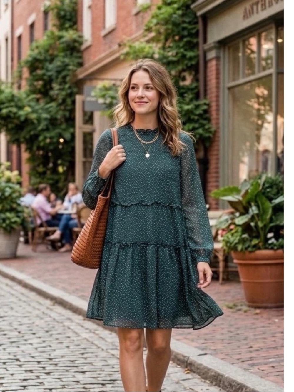 Maeve Anthropologie Green Polka Dot Tiered Dress M